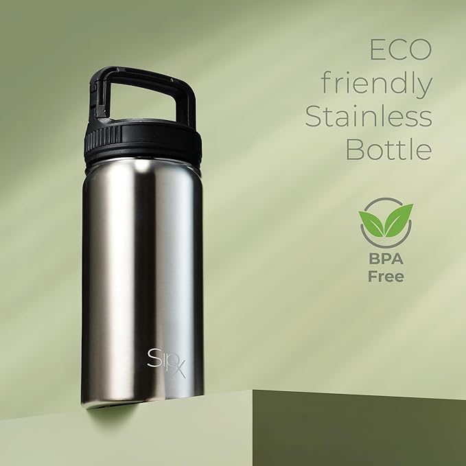 SipX™ Triple-Insulated Stainless Steel Water Bottle 18oz. With 3 Lids, BPA-Free Reusable Insulated Water Bottle Keeps Cold 24 Hours, Metal Water Bottle Made Of Sustainable Material For Hiking & Biking