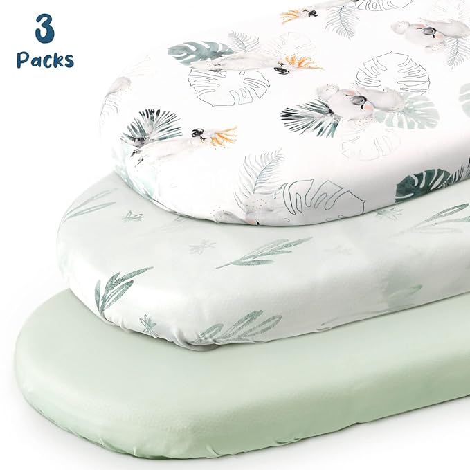 GRSSDER Stretch Ultra Soft Fitted Bassinet Sheets 3 Pack, Universal Fit for Bassinets Baby Cradle Moses Basket Oval Rectangle Mattress Safe and Snug, Stylish Watercolor Animals for Baby, Mint Green