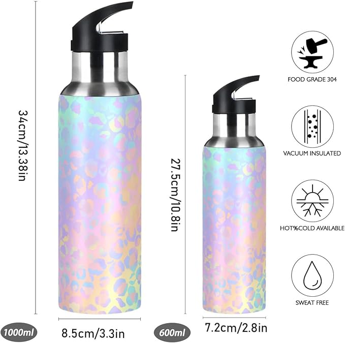 senya 20 Oz Water Bottle with Straw Rainbow Leopard Print Neon Stainless Steel Water Bottle for Traveling Sports Leakproof Insulated Water Bottle