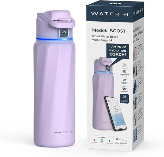 BOOST Smart Water Bottle with Reminder to Drink Water & Water Tracker Bottle - Double Wall Vacuum Insulated Water Bottle Stainless Steel, Wide Mouth 32 oz Water Bottles, Ideal for Gift - Purple