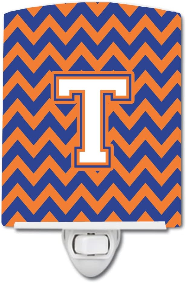 Caroline's Treasures CJ1060-TCNL Letter T Chevron Blue and Orange #3 Ceramic Night Light Compact, UL-Certified, Ideal for Bedroom, Bathroom, Nursery, Hallway, Kitchen, 6x4x3, Multicolor