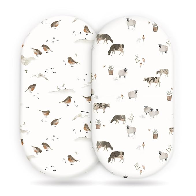 GRSSDER Stretchy Ultra Soft Bassinet Mattress Sheets 2 Pack, Universal Fitted for Baby Cradle Moses Basket Oval Rectangle Standard Pad Safe and Snug, Cute Animal Print Bassinet Sheet for Boys