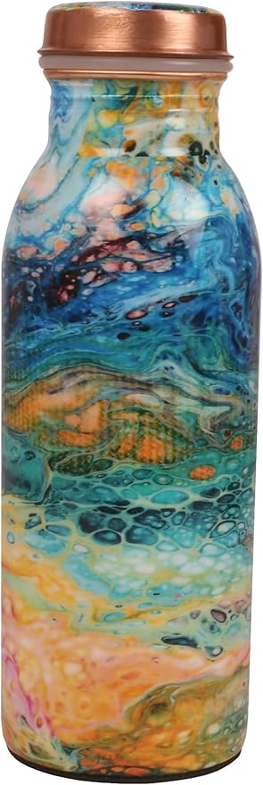 Pure Copper Water Bottle - Handcrafted - Ayurveda health benefits - Small 15 oz - Leak proof - Easy to carry for Sports, Fitness, Yoga, School - Royal Mosaic 3D Vintage Colorful Enamel