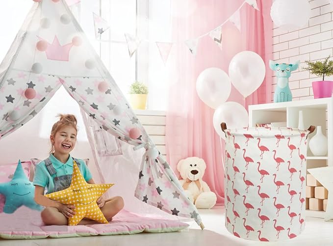 Pink Laundry Hamper,Kids Laundry Basket,Girls Hamper for Girls Room Decor,Nursery Hamper,Toy Bins,Bedroom. (Flamingo)