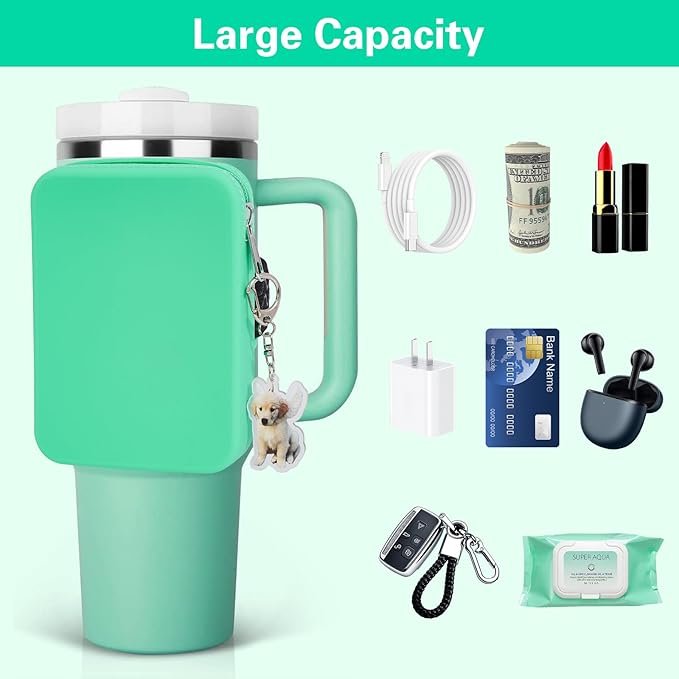 Water Bottle Pouch for Stanley Tumbler,Silicone Waterproof Fanny Pack for Stanley Cup 30/40oz Universal,Large Capacity Durable Tumbler Pouch-Mint Green