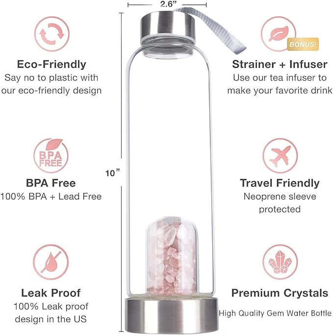 Crystal Glass Water Bottle, Glass Water Bottle with Changeable Natural Crystal Center, Quartz Gemstone Water Bottle for Natural