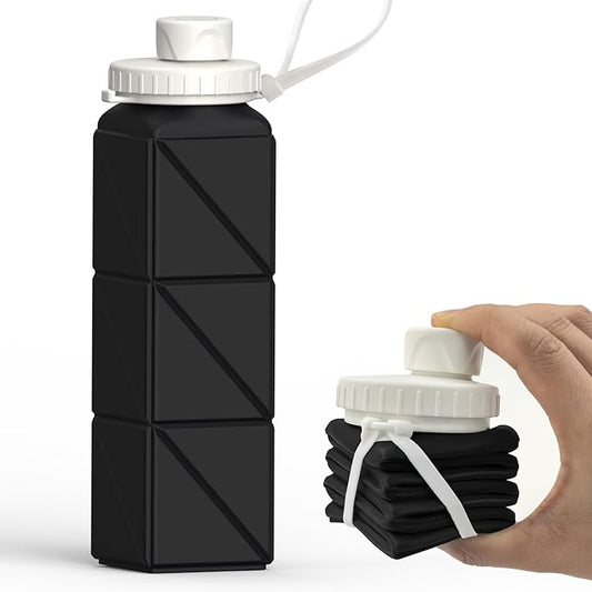 Collapsible Water Bottles, Silicone Foldable Portable Water Bottle 610ml, Lightweight Reusable Leakproof for Sports and Outdoor, 1 Pack (Black)