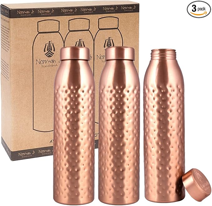 Copper Water Bottle 1Liter - Gift Box of 3, Hammered, an Ayurvedic vessel made from pure copper - helps you drink more water, with many health benefits