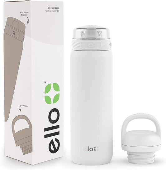 Ello Cooper 22oz Stainless Steel Water Bottle with 2 Lids Chug and Straw | Leak Proof Double Walled and Vacuum Insulated | Fits Car Cupholder | Built in Carry Loop | Dishwasher Safe | White