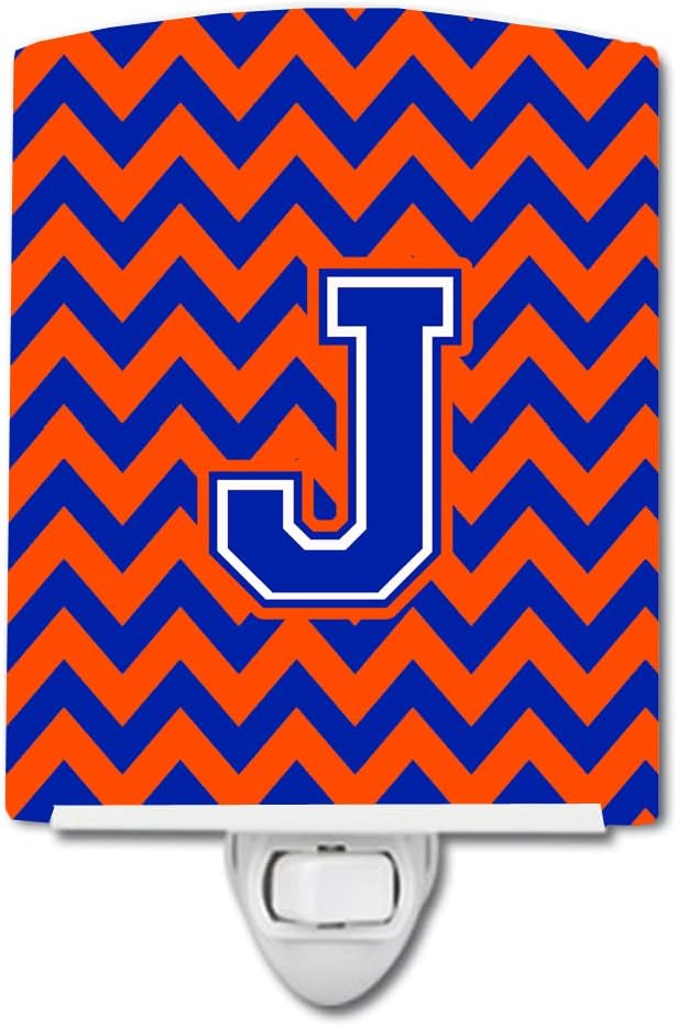 Caroline's Treasures CJ1044-JCNL Letter J Chevron Orange and Blue Ceramic Night Light Compact, UL-Certified, Ideal for Bedroom, Bathroom, Nursery, Hallway, Kitchen, 6x4x3, Multicolor