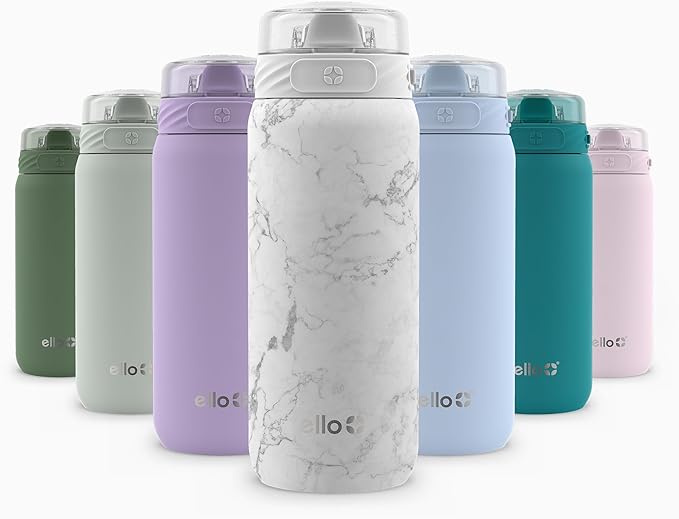 Ello Cooper 18oz Stainless Steel Water Bottle with Straw and Carry Handle, Double Walled and Vacuum Insulated Metal, Leak Proof Locking Lid with Soft Silicone Spout, Reusable, BPA Free, White Marble