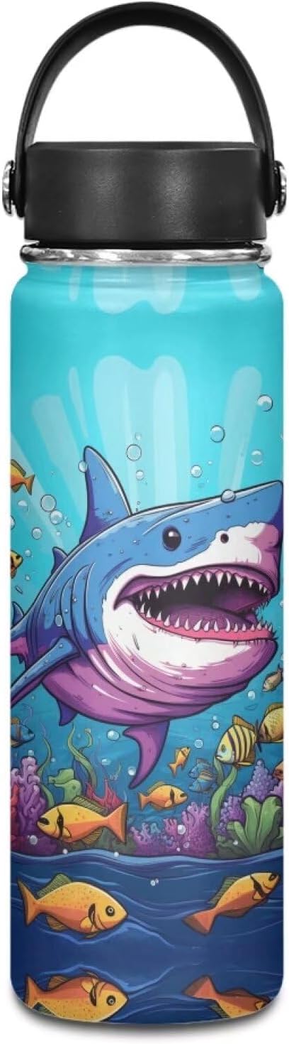 Shark Sports Insulated Water Bottle for Boys Water Bottle 18 oz Leak Proof Stainless Steel Gym Bottle Girls Sports Water Cup Lightweight Water Bottles Blue Ocean Theme