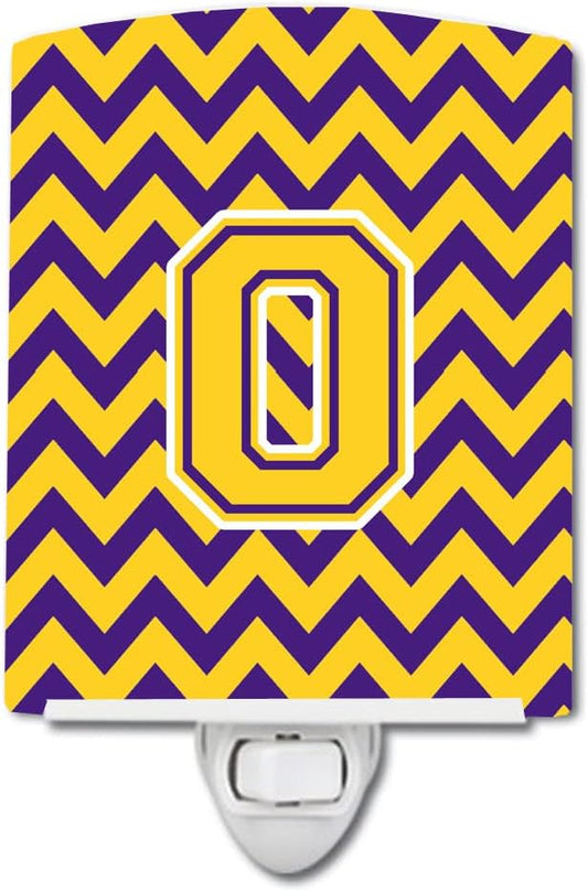 Caroline's Treasures CJ1041-OCNL Letter O Chevron Purple and Gold Ceramic Night Light Compact, UL-Certified, Ideal for Bedroom, Bathroom, Nursery, Hallway, Kitchen, 6x4x3, Multicolor