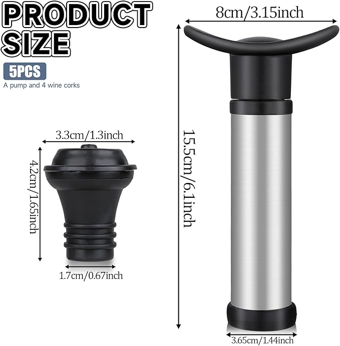 Wine Vacuum Pump and Stopper for All Standard Wine Bottles, Wine Savers Vacuum Pump Wine Preservation System with 4 Wine Pump Vacuum Stoppers for Wine Lovers Keeping Wine Fresh