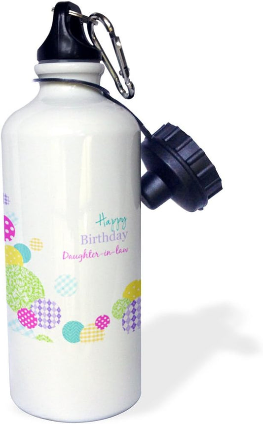 3dRose Happy Birthday Daughter-in-Law-Modern Colorful dots Pattern on White Sports Water Bottle, 21 oz, Multicolored