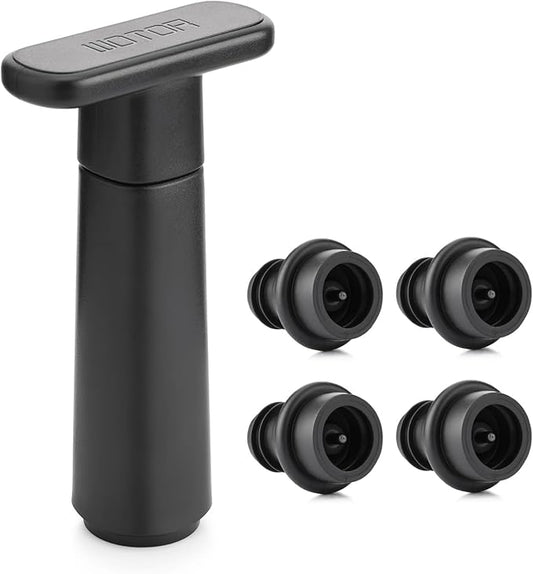 Wine Saver Vacuum Pump with 4 Stoppers, Wine Stopper, Wine Preserver, Reusable Bottle Sealer Keeps Wine Fresh, Ideal Wine Accessories Gift (Flat Handle)