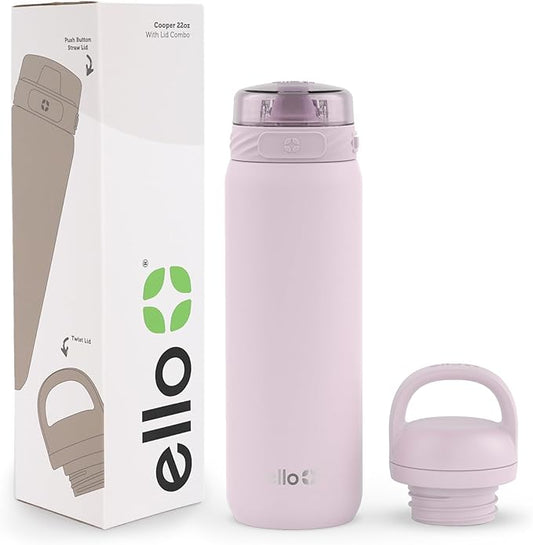 Ello Cooper 22oz Stainless Steel Water Bottle with 2 Lids Chug and Straw | Leak Proof Double Walled and Vacuum Insulated | Fits Car Cupholder | Built in Carry Loop | Dishwasher Safe | Cashmere Pink