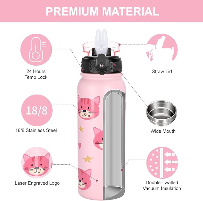GOPPUS Kids Water Bottle with Straw Lid 20 oz Cat printing Double Walled Metal Insulated Stainless Steel Sports Water Bottles Leak Proof with Strap Handle for Boys Girls School(ink Cat 1 Lid)
