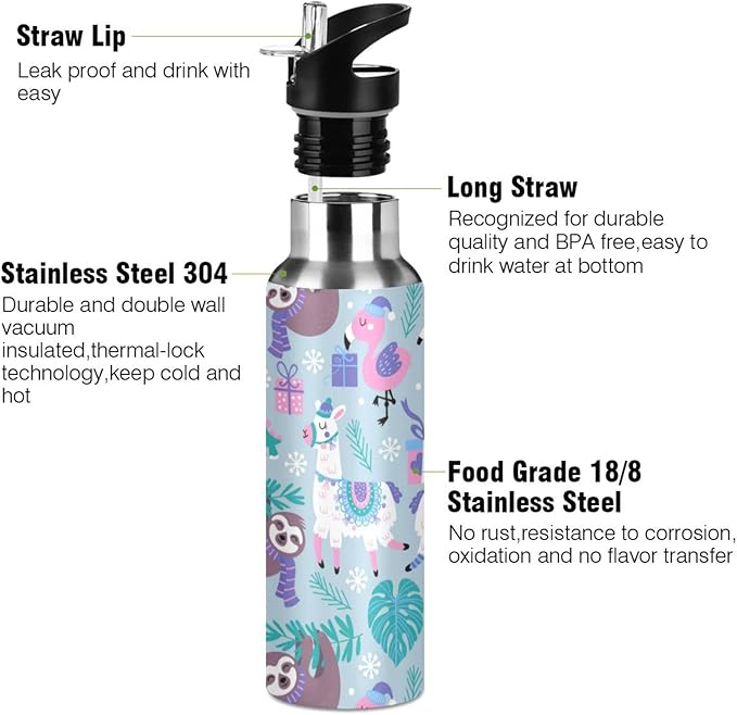 senya 34 Oz Water Bottle with Straw Animals Alpaca Llama Sloth Dinosaur Stainless Steel Water Bottle for Traveling Sports Leakproof Insulated Water Bottle