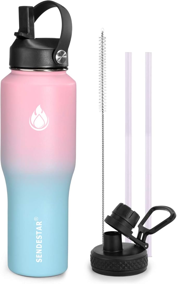 SENDESTAR Water Bottle 32oz,2 Lids(Straw lid),Wide Mouth Stainless Steel Vacuum Insulated Double Wall Keep Liquids Cold or Hot All Day,Sweat Proof Sport Design,Fit Car Cup Holder(Peach&Blue)