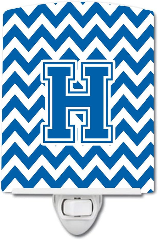 Caroline's Treasures CJ1056-HCNL Letter H Chevron Blue and White Ceramic Night Light Compact, UL-Certified, Ideal for Bedroom, Bathroom, Nursery, Hallway, Kitchen, 6x4x3, Multicolor