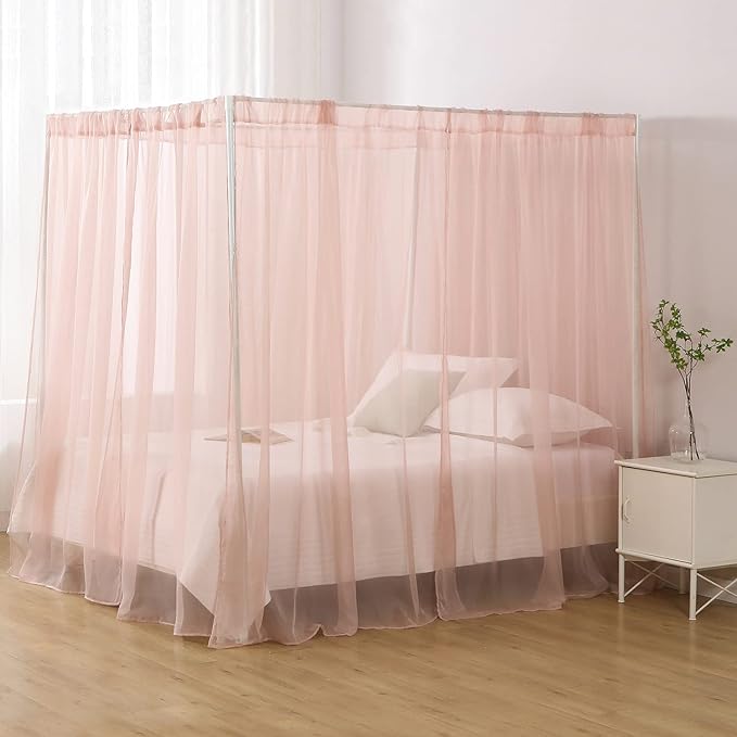 Chiffon Twin Bed Canopy, Canopy Bed Curtains for Girls Adult, 4 Post Bed Scarf Room Decor (Dust Pink)