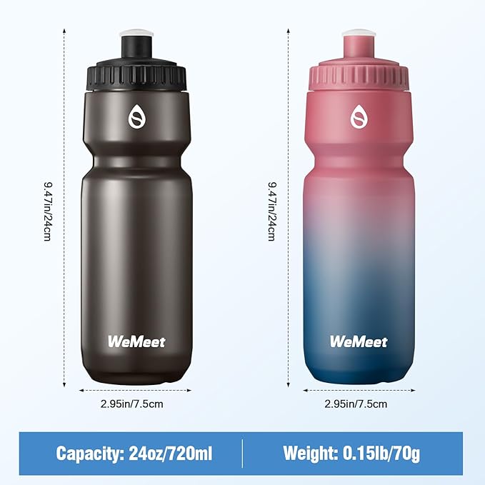Mountain Bike Water Bottle 2-Pack, Sport Squeeze Bottle with Capacity Scale, Leak Proof Cycling Bottle, BPA Free, for Cycling, Gym (Black & Red Blue, 24oz)