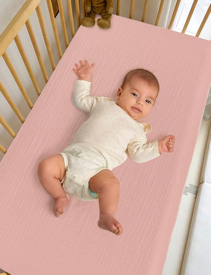 Pink Muslin Bassinet Mattress Sheets for Baby Girls, 32"x16" Bassinet Sheet Fits Rectangle, Oval, Hourglass Bassinet Mattress, Moses Basket Sheets (46B-01)
