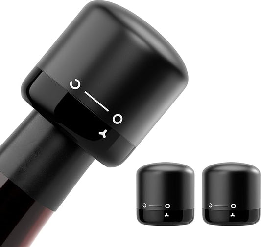 Wine Stoppers for Wine Bottles Set of 2, Leak-Proof Wine Saver, Reusable Wine Cork Cap, Wine Bottle Sealer for Parties, Ideal Gift for Wine Lover (Black)