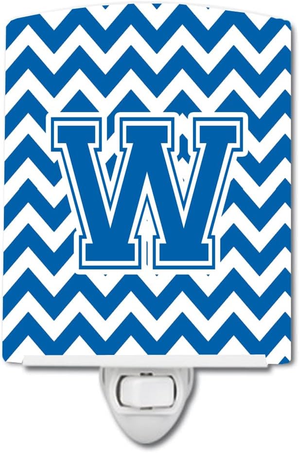 Caroline's Treasures CJ1056-WCNL Letter W Chevron Blue and White Ceramic Night Light Compact, UL-Certified, Ideal for Bedroom, Bathroom, Nursery, Hallway, Kitchen, 6x4x3, Multicolor