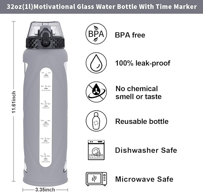 Glass Water Bottles with Straw and Flip Lid, Motivational Water Bottles with Time Marker Reminder and Silicone Sleeve, Leakproof, BPA Free (32 oz, Grey)
