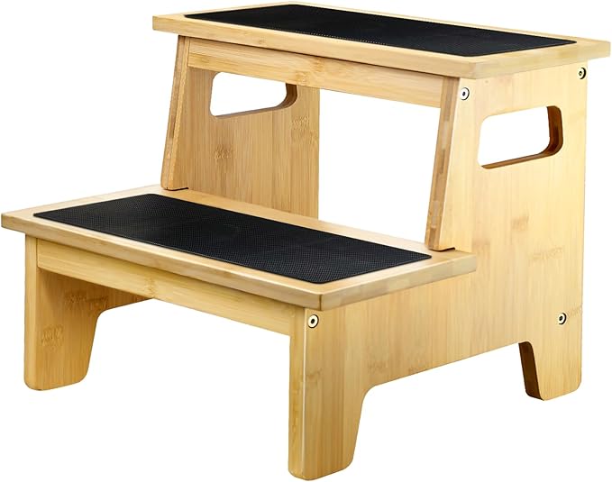 Kids Step Stools for Toddlers Bathroom Bamboo Wood Toddler Stepping Stool Kitchen Counter Sink Baby 2 Step Stool Foot Bed Stool for Adults Child Potty Training Toilet Stool, Natural with Pads