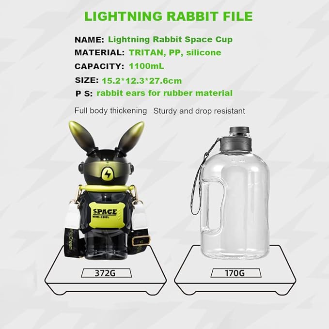 37 Oz Rabbit Water Bottle With Straw, Cool Lightning Space Rabbits Cup, Portable Outdoor Water Bottle, Suitable For Adults And Children Fitness Sports(Black)