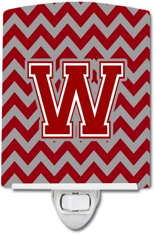 Caroline's Treasures CJ1049-WCNL Letter W Chevron Maroon and White Ceramic Night Light Compact, UL-Certified, Ideal for Bedroom, Bathroom, Nursery, Hallway, Kitchen, 6x4x3, Multicolor