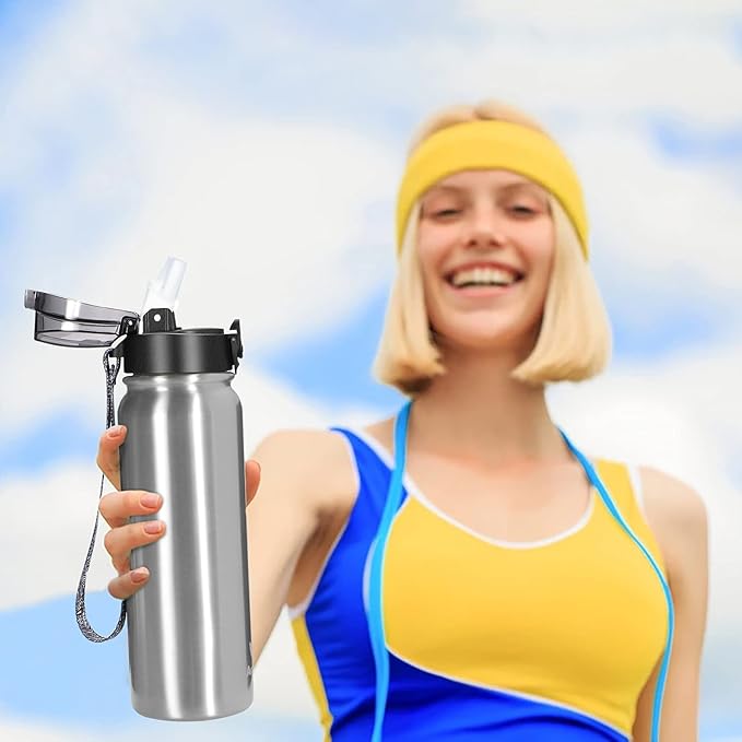 GOPPUS Kids Water Bottle with Straw 20oz Double Walled Metal Sports Insulated Stainless Steel Water Bottles Leak Proof with Strap Handle Stickers for Boys Girls School(Steel 1 Lid)