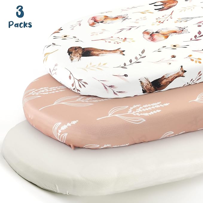 GRSSDER Stretchy Ultra Soft Fitted Bassinet Sheet Set 3 Pack, Universal Fit for Bassinets Baby Cradle Moses Basket Oval Rectangle Mattress, Pretty Fox for Baby Girls