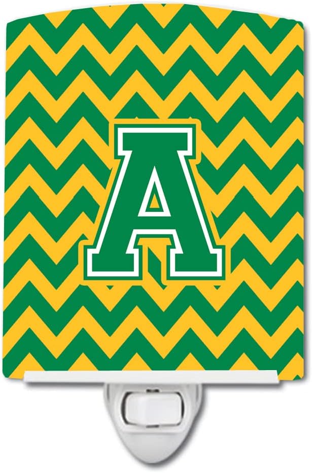 Caroline's Treasures CJ1059-ACNL Letter A Chevron Green and Gold Ceramic Night Light Compact, UL-Certified, Ideal for Bedroom, Bathroom, Nursery, Hallway, Kitchen, 6x4x3, Multicolor