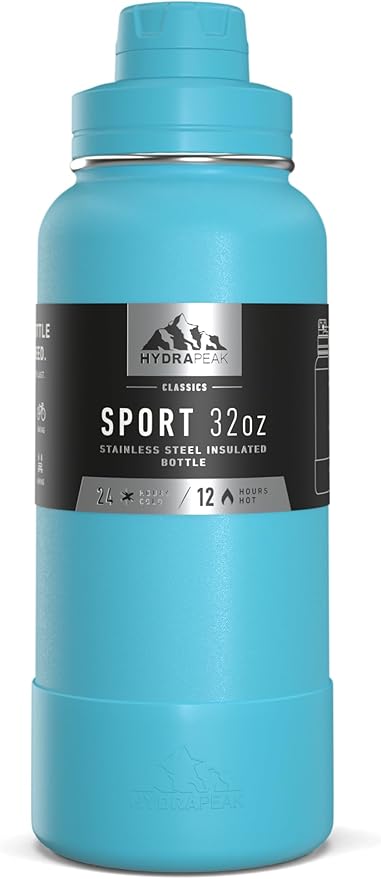 Hydrapeak 32oz Sport Insulated Water Bottle with Chug Lid, Leak & Spill Proof, Keeps Drinks Cold for 24 Hours, Hot for 12 Hours, Premium Stainless Steel Water Bottles (32oz, Belize)