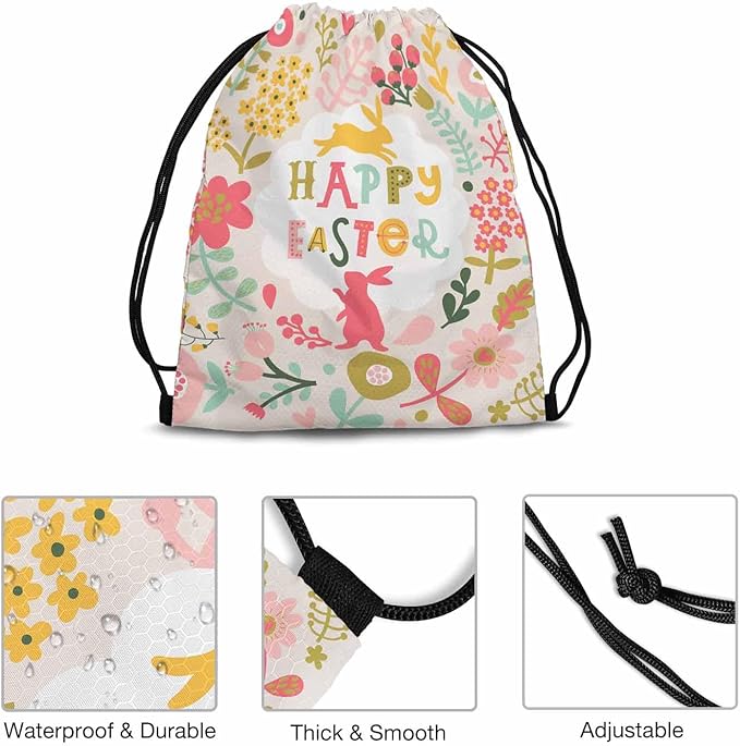Drawstring Backpack Happy Easter Lightweight Gym Backpack Surrounding by Rabbits Pink Yellow Flower Red Berry Green Leaf for Women Men 14x16.9 Inch