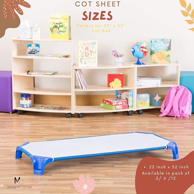 Pack of 12 Cot Sheet for Daycare Preschool Cot Bed -Polyblend Fabric with Corner Elastic Cots Sheets Fits On 22" X 52" Inches Size Toddler and Preschool Daycare Cot White 22 X 52 Size