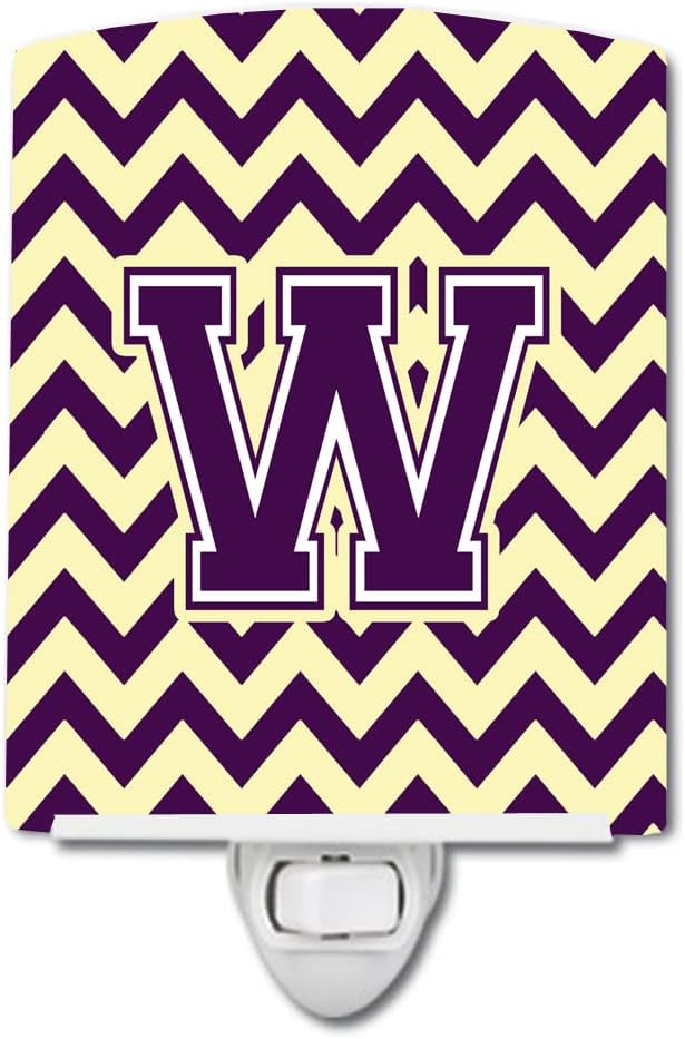 Caroline's Treasures CJ1058-WCNL Letter W Chevron Purple and Gold Ceramic Night Light Compact, UL-Certified, Ideal for Bedroom, Bathroom, Nursery, Hallway, Kitchen, 6x4x3, Multicolor