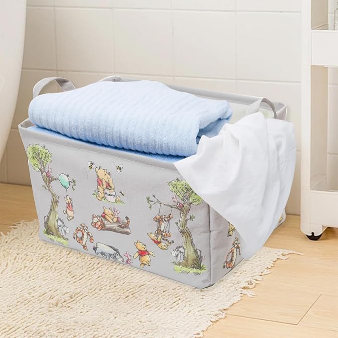 Winnie Storage Nursery Basket, Large Square Canvas Laundry Hamper With A Waterproof PE Coating, Foldable, Bathroom and Bedroom Set, Clothes ,Toys Bin, Baby Nursery Hamper Decor(Grey)