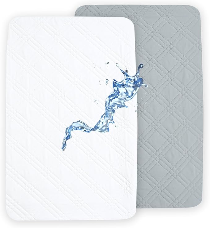 Waterproof Mini Crib Mattress Protector 2 Pack, Ultra Soft Breathable Mini Crib Mattress Pad Cover for Boys Girls Neutral, Fit Pack N Play, Playard and Mini Crib Mattresses, White & Grey