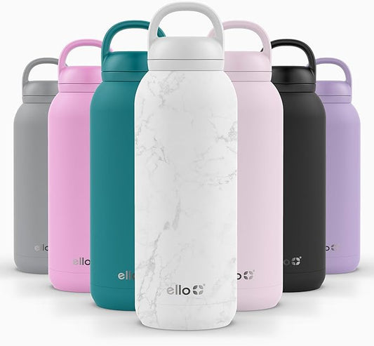 Ello Cooper Twist 40oz Stainless Steel Water Bottle with Chug Lid | Leak Proof | Double Walled and Vacuum Insulated | Built in Carry Loop | Dishwasher Safe | White Marble