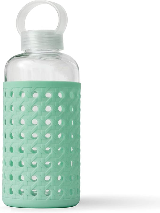 Apana Yoga Glass Water Bottles BPA Free Non Slip Sleeve Leak Proof Lid Reusable 19 Oz and 32 Oz Sports Water Bottle Wide Mouth Lid Portable Hydration Tumbler