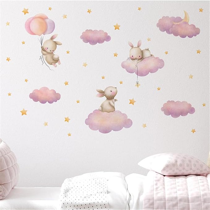 Rabbit Cloud Star Wall Stickers for Bedroom Girls Room Bunny Moon and Stars Nursery Decor Wall Decal