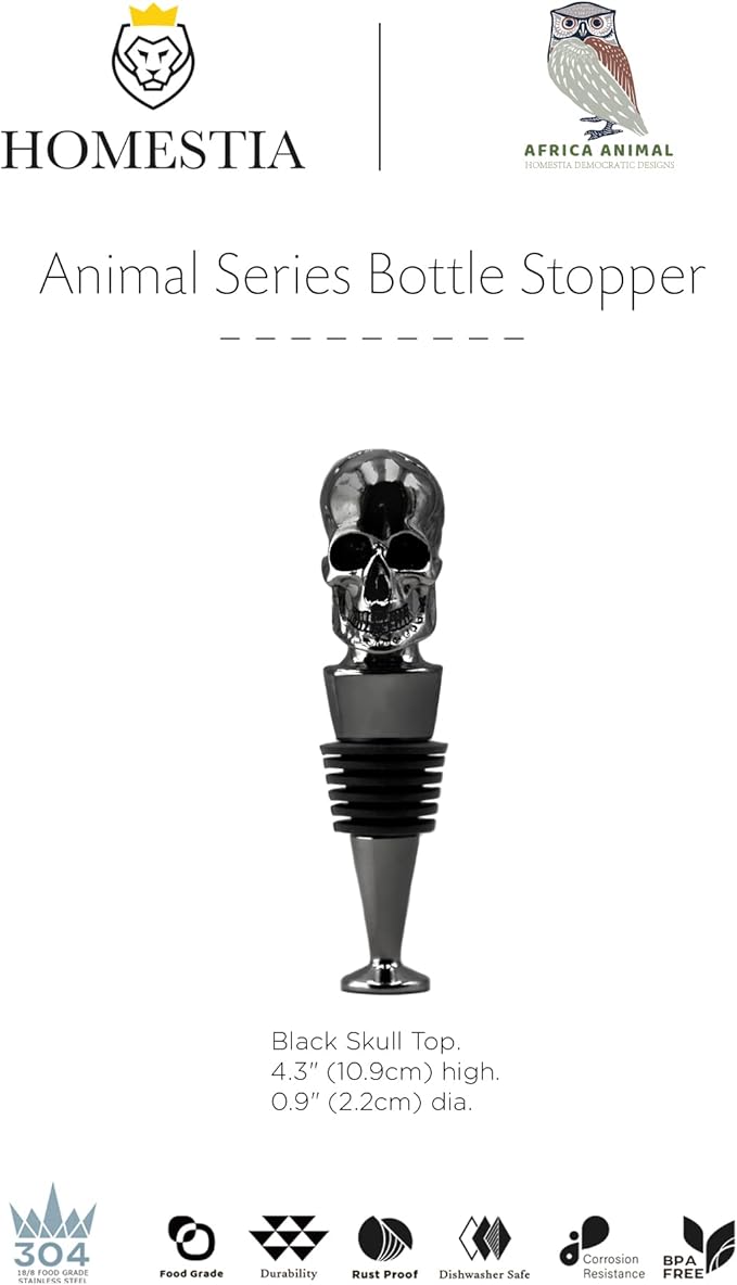 Homestia Wine Bottle Stoppers for Glass Bottles, Skull Bottle Stopper Reusable Wine Corks Black Wine Tool, Zinc-Alloy Silicone Wine Stoppers, Wine Toppers with Decors