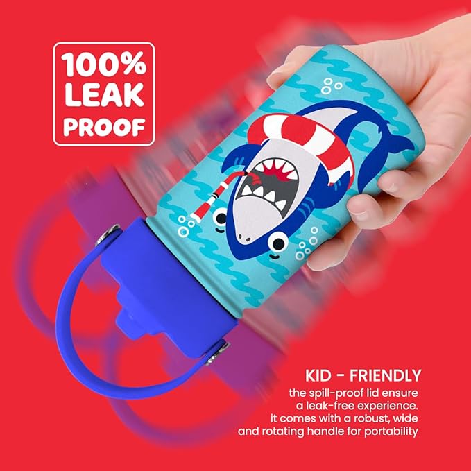Shark Water Bottle - Kids Water Bottle with Straw Lid - 12 Oz Insulated Stainless Steel Water Bottles for Toddlers Kid Boys - Travel Cup for School Sports