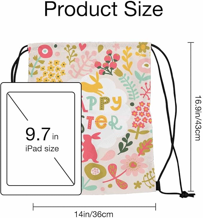 Drawstring Backpack Happy Easter Lightweight Gym Backpack Surrounding by Rabbits Pink Yellow Flower Red Berry Green Leaf for Women Men 14x16.9 Inch