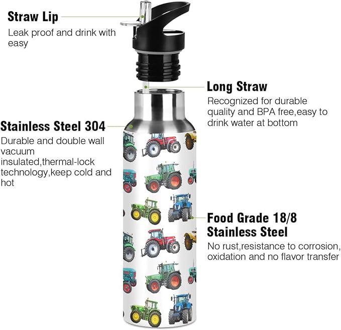 Tractor Stainless Steel Water Bottle with Straw Lid - 20 Oz Sports Insulated Water Bottle Thermos for Sport Gym Outdoor Travel School
